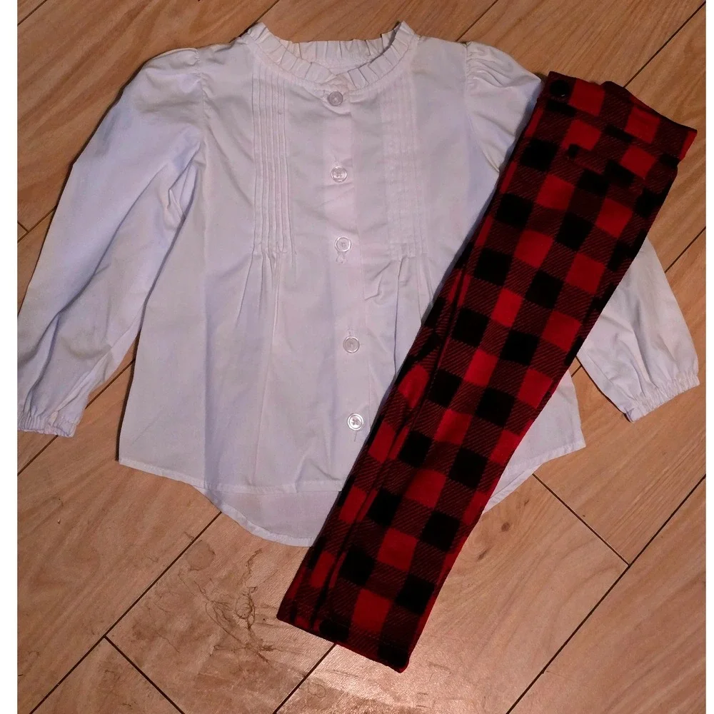 Toddler Girls White Pleated Button‎ Front Shirt Red Buffalo Plaid Pants Set 2T